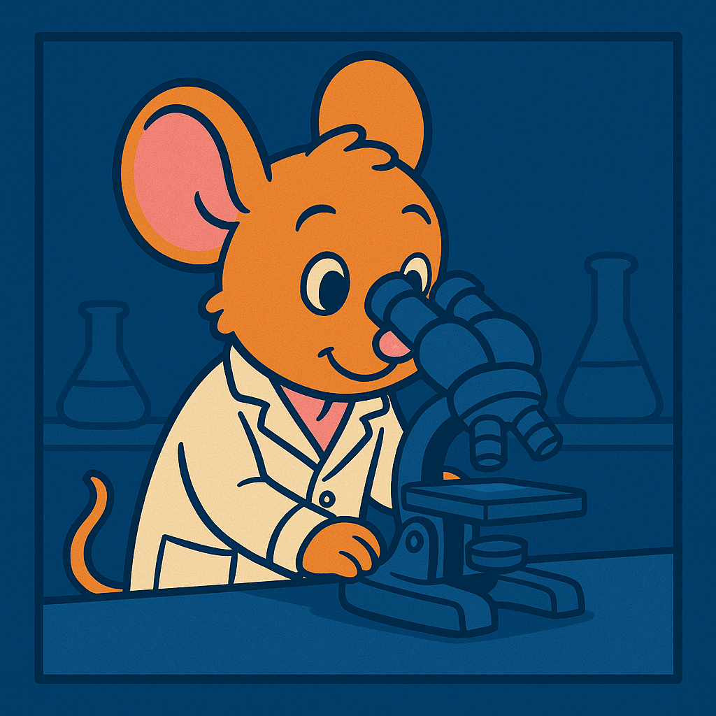 Illustration of a laboratory mouse looking through a microscope